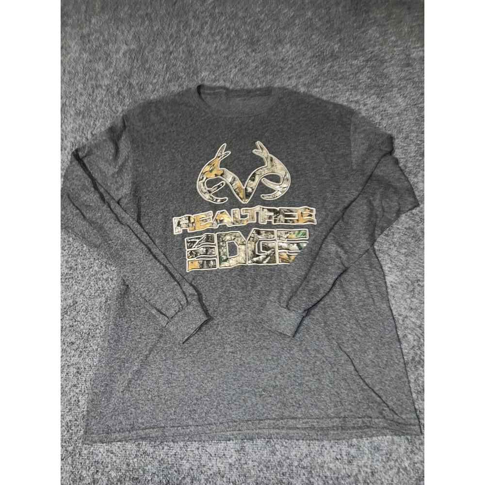 Realtree Edge Mens Long Sleeve Graphic T-Shirt Gray Camo Logo Size XL